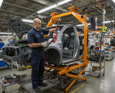 Photo of a person ensuring the safety of electrical installations in car manufacturing